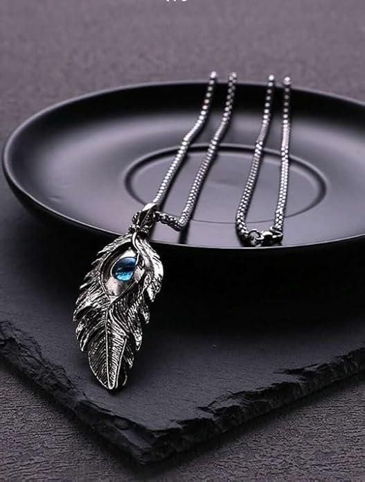 Stylish Evil Eye Vintage Turkish Blue Eye Feather Personality Titanium Steel Wing Decoration Silver & Blue Pendant